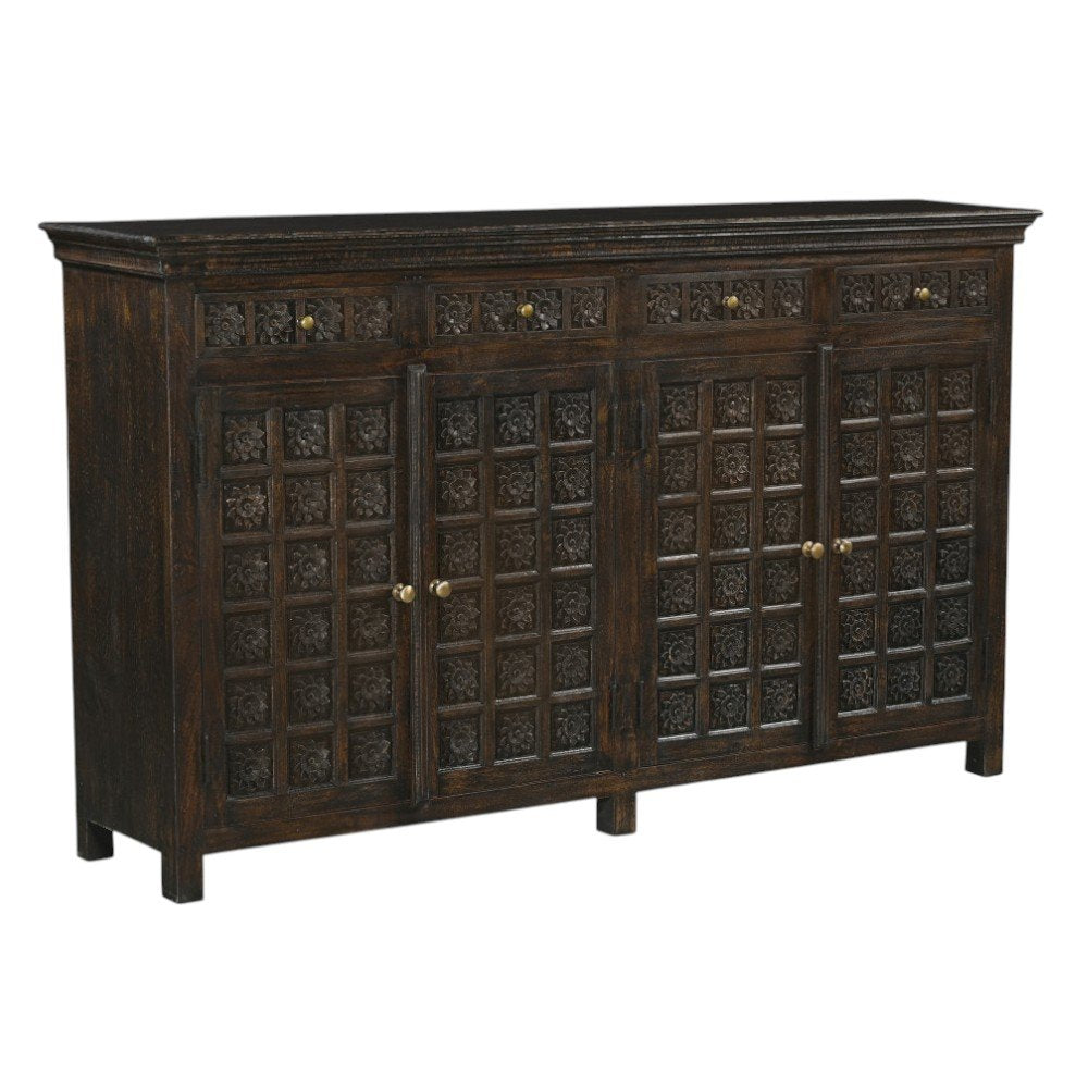Black Distressed Solid Wood Carved Floral Four Drawer Sideboard with Four Doors