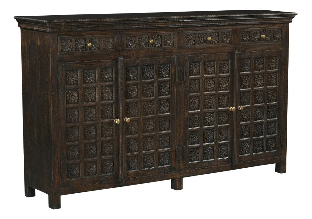 Black Distressed Solid Wood Carved Floral Four Drawer Sideboard with Four Doors