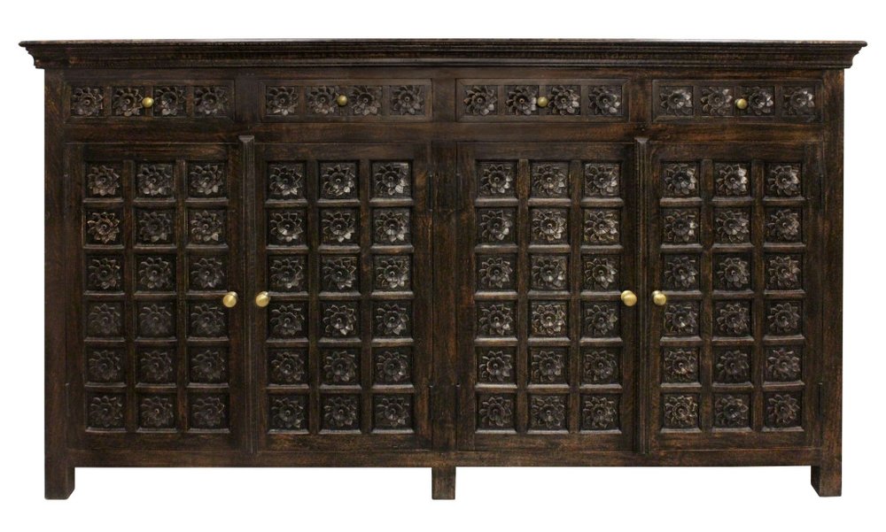 Black Distressed Solid Wood Carved Floral Four Drawer Sideboard with Four Doors