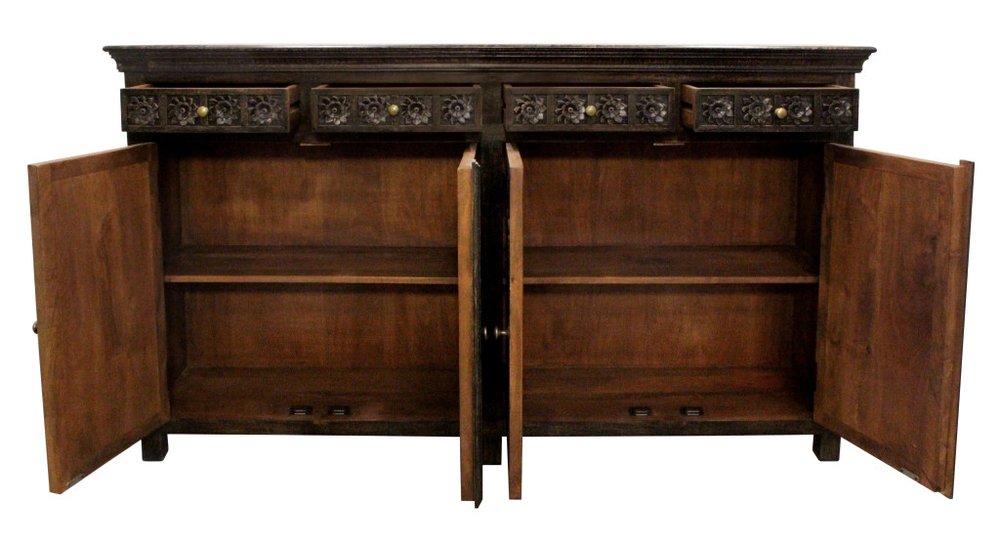 Black Distressed Solid Wood Carved Floral Four Drawer Sideboard with Four Doors