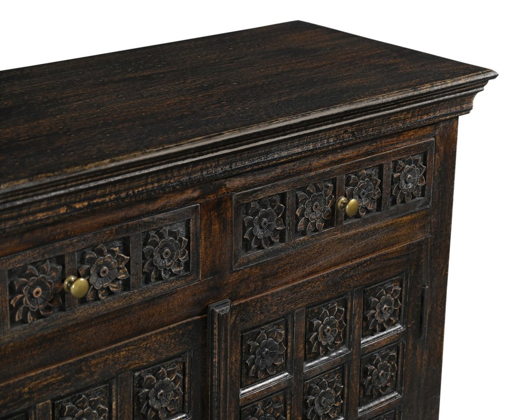Black Distressed Solid Wood Carved Floral Four Drawer Sideboard with Four Doors