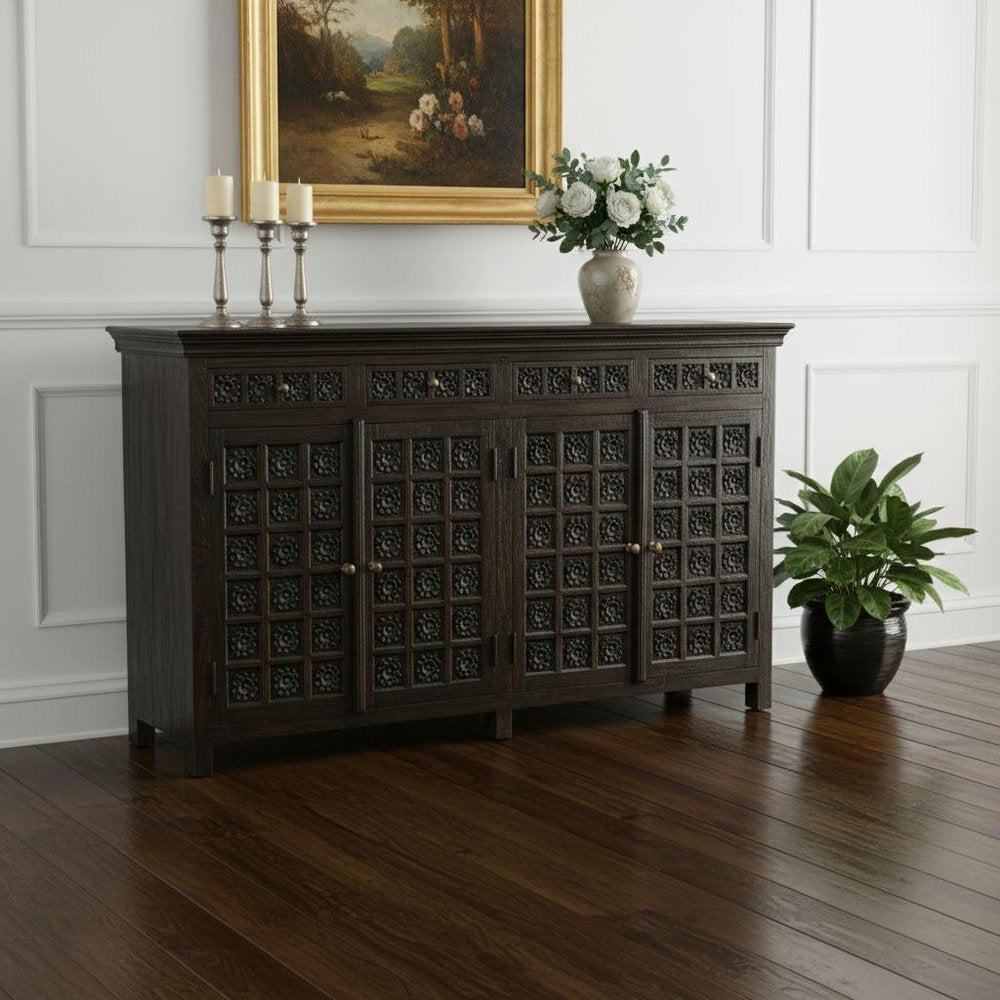 Black Distressed Solid Wood Carved Floral Four Drawer Sideboard with Four Doors