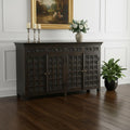 Black Distressed Solid Wood Carved Floral Four Drawer Sideboard with Four Doors