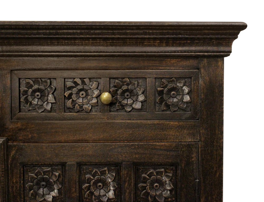 Black Distressed Solid Wood Carved Floral Four Drawer Sideboard with Four Doors
