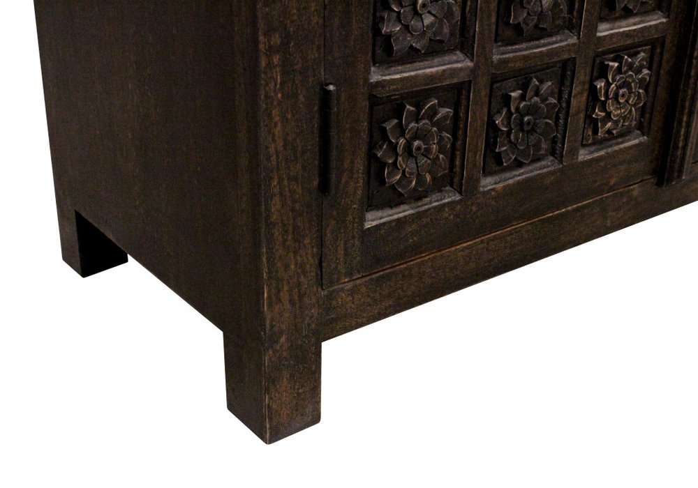 Black Distressed Solid Wood Carved Floral Four Drawer Sideboard with Four Doors