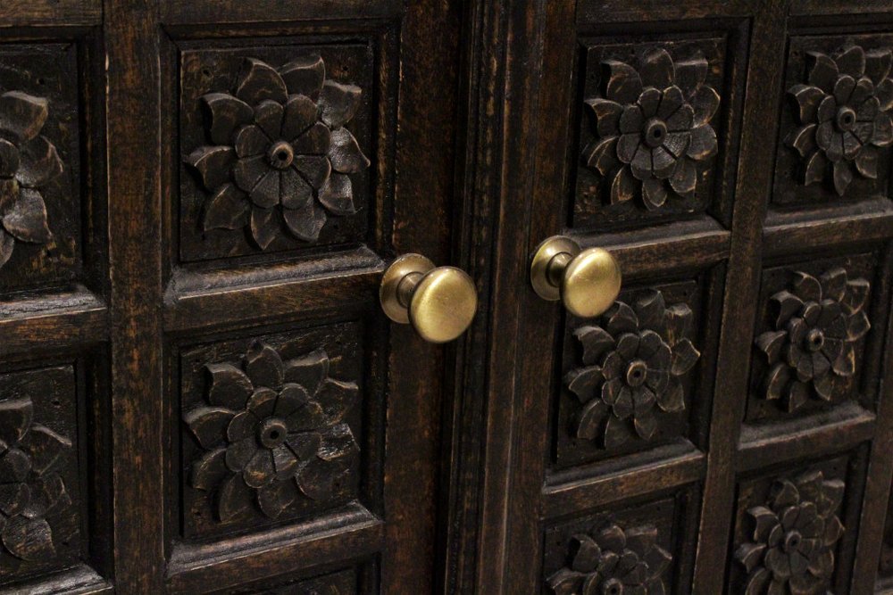 Black Distressed Solid Wood Carved Floral Four Drawer Sideboard with Four Doors