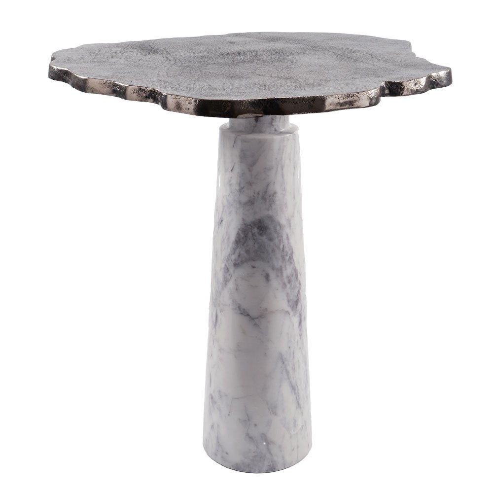 Silver and White Aluminum and Marble Pedestal End Table - 22-inch