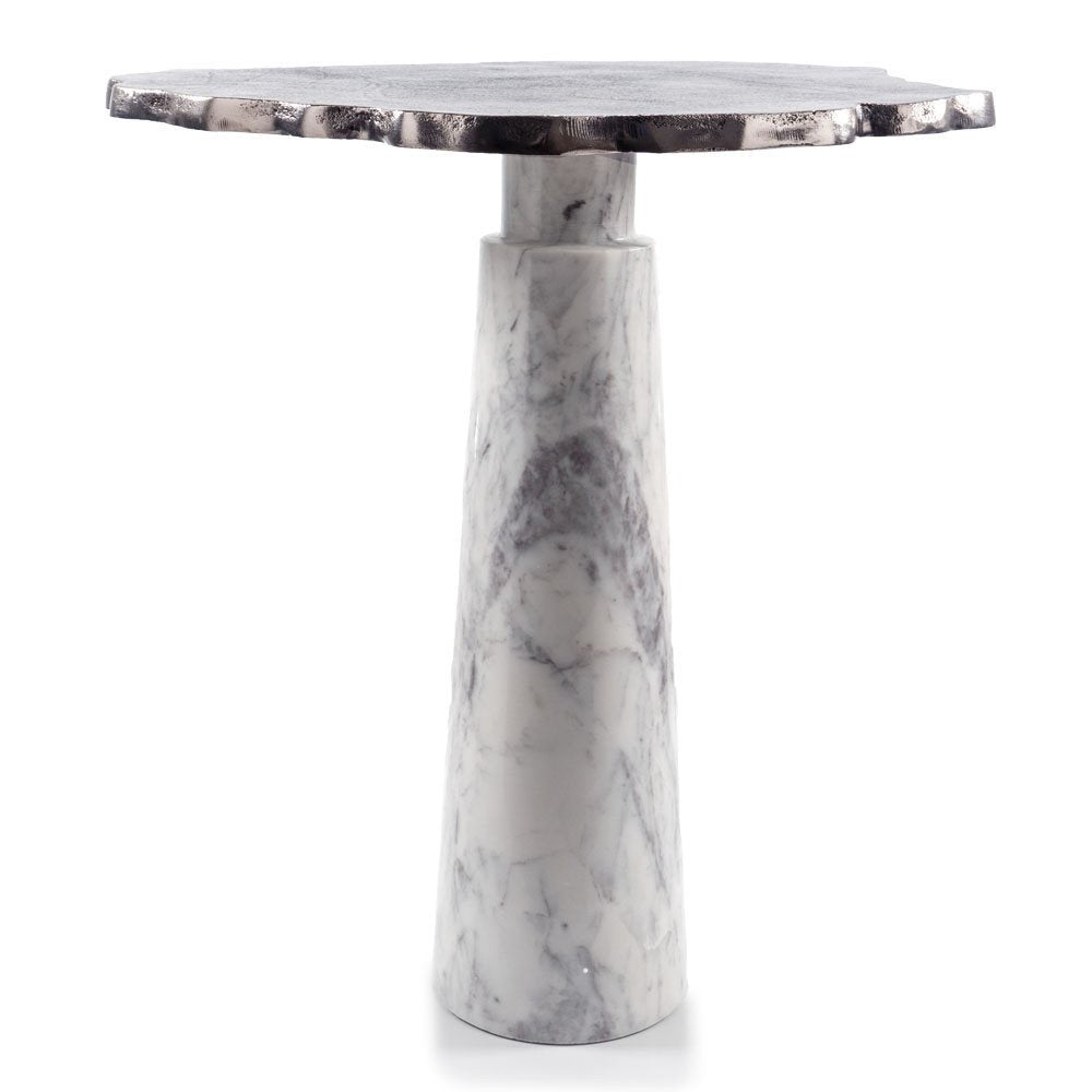 Silver and White Aluminum and Marble Pedestal End Table - 22-inch