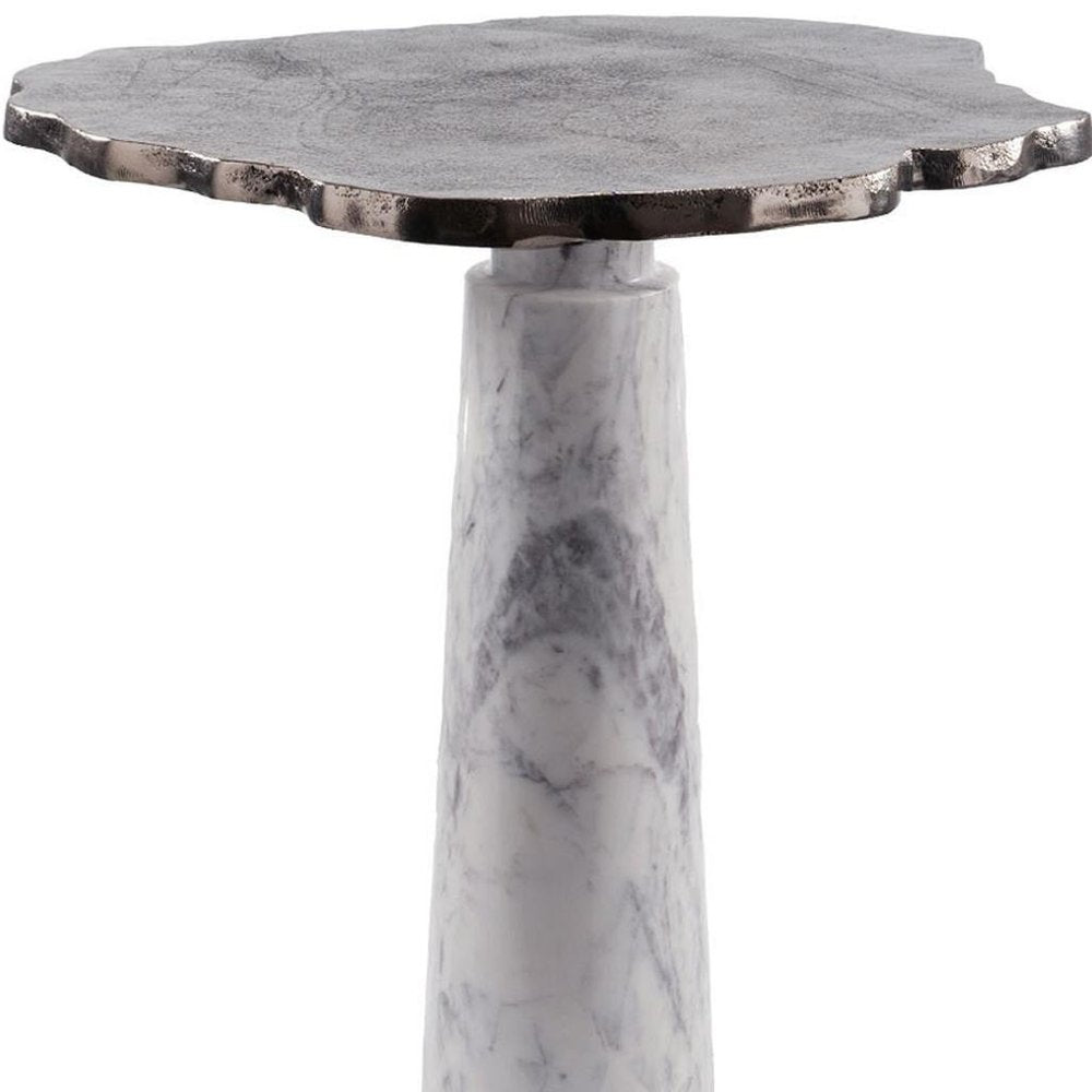 Silver and White Aluminum and Marble Pedestal End Table - 22-inch