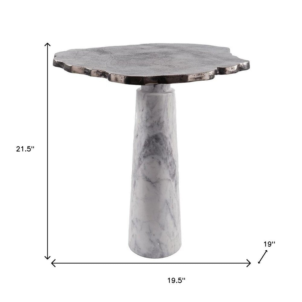 Silver and White Aluminum and Marble Pedestal End Table - 22-inch