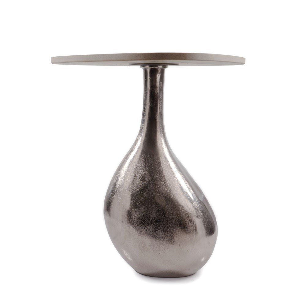 Silver and Beige Cast Aluminum and Marble Pedestal End Table - 22-inch