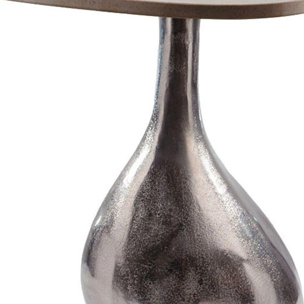 Silver and Beige Cast Aluminum and Marble Pedestal End Table - 22-inch