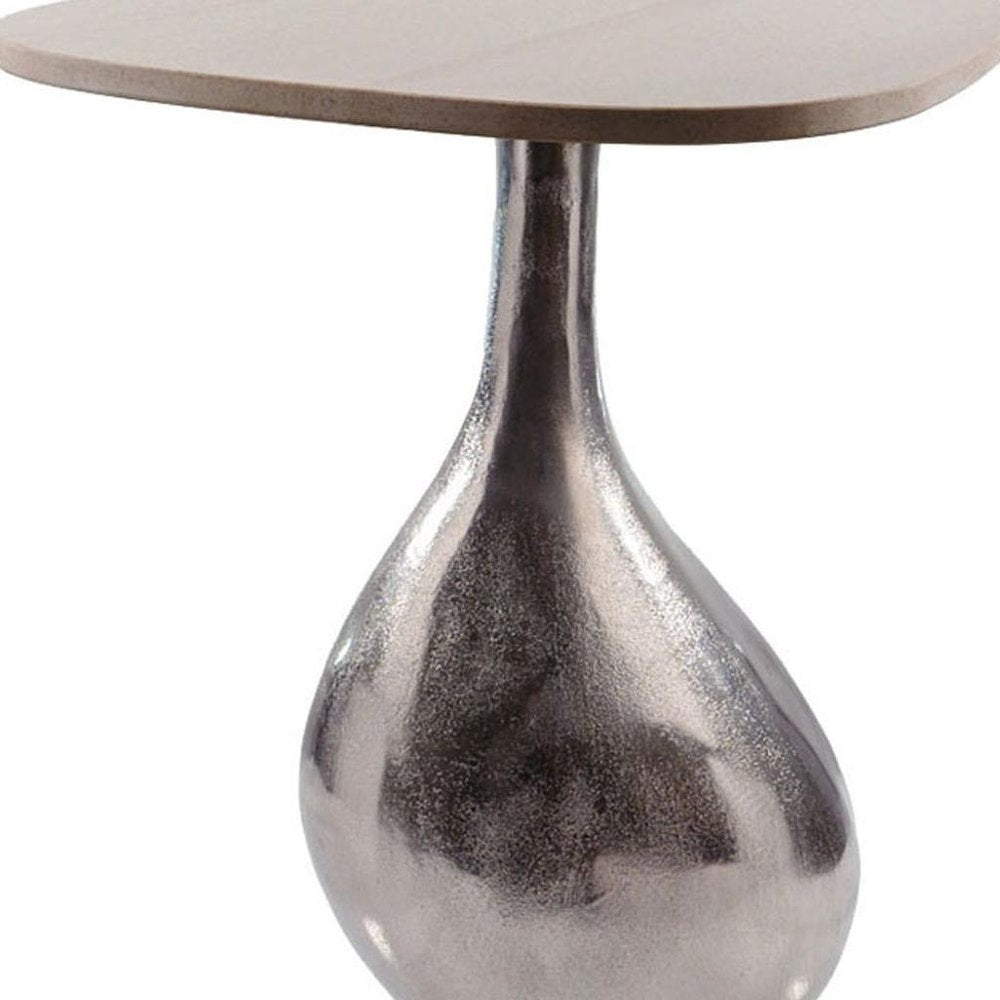 Silver and Beige Cast Aluminum and Marble Pedestal End Table - 22-inch
