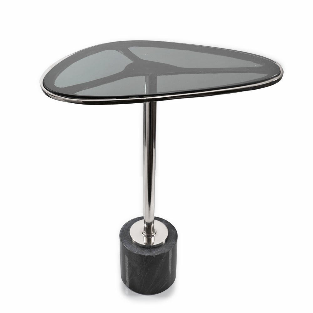 Smoky Black and Silver Aluminum Glass and Marble Pedestal End Table