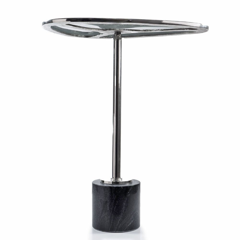 Smoky Black and Silver Aluminum Glass and Marble Pedestal End Table