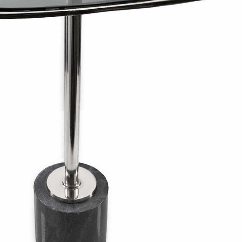 Smoky Black and Silver Aluminum Glass and Marble Pedestal End Table