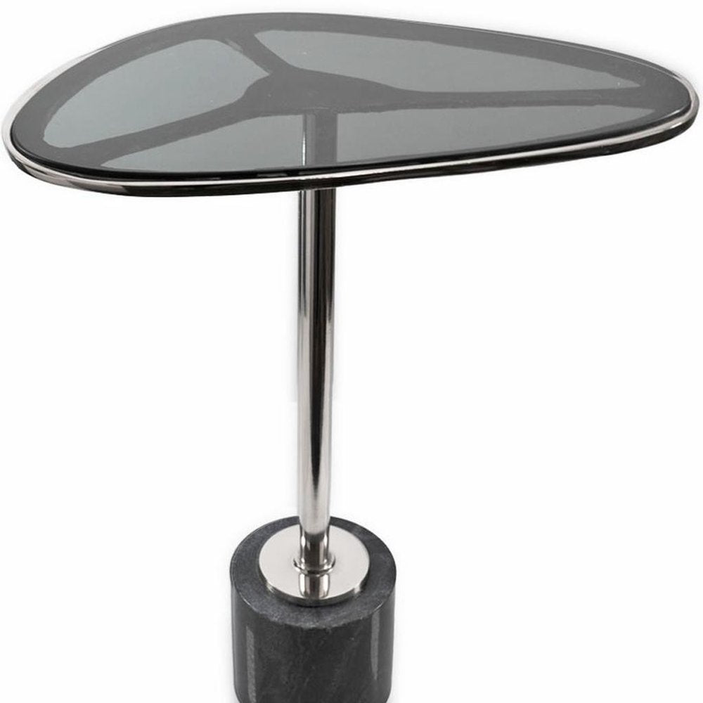 Smoky Black and Silver Aluminum Glass and Marble Pedestal End Table