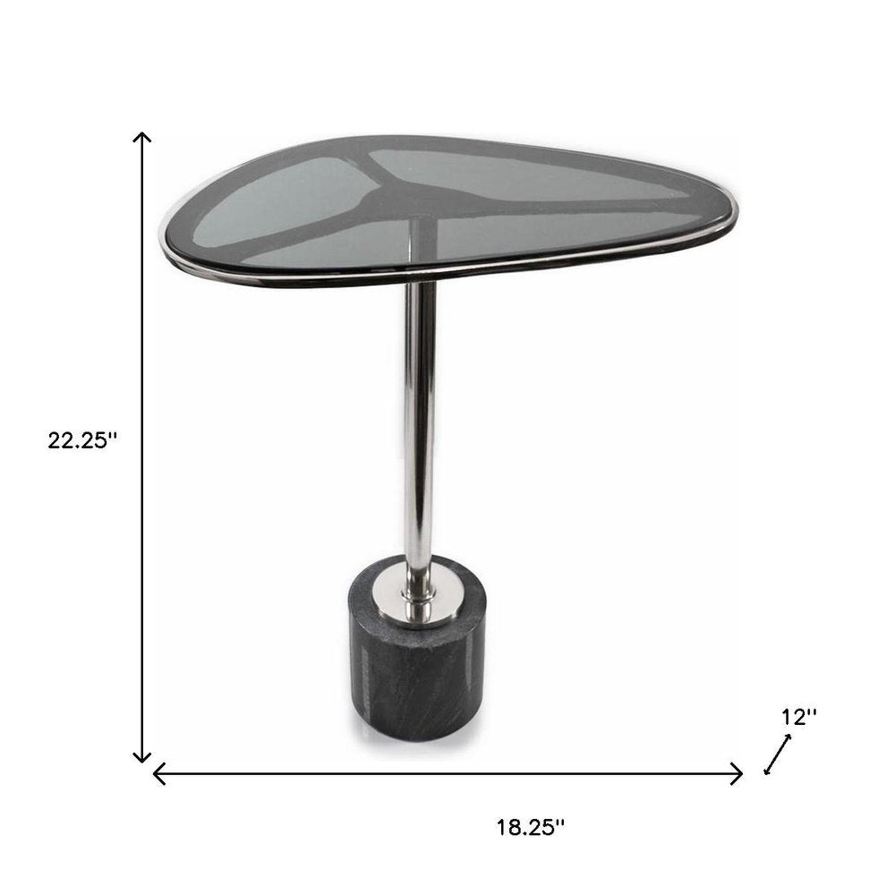 Smoky Black and Silver Aluminum Glass and Marble Pedestal End Table