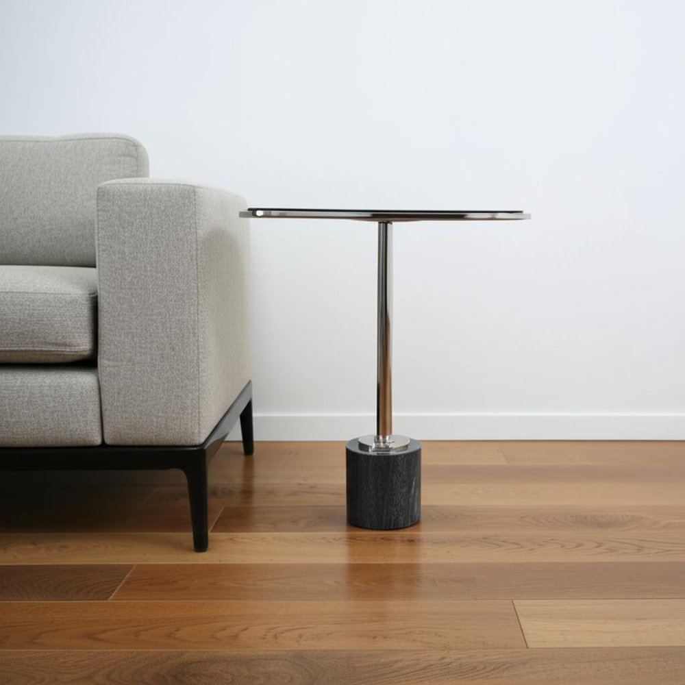 Smoky Black and Silver Aluminum Glass and Marble Pedestal End Table