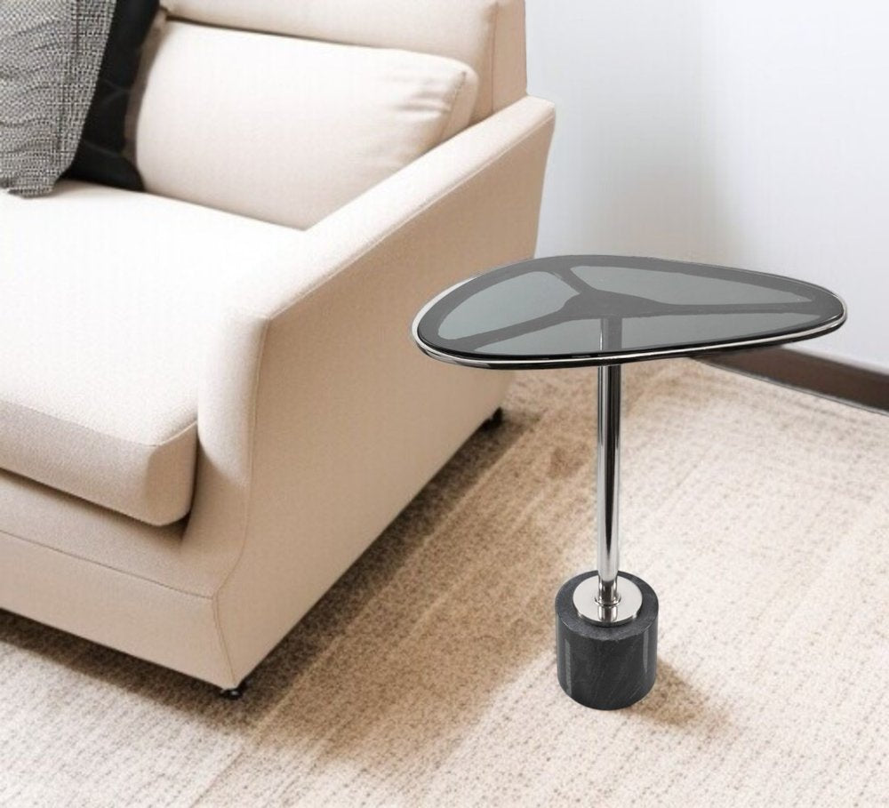 Smoky Black and Silver Aluminum Glass and Marble Pedestal End Table