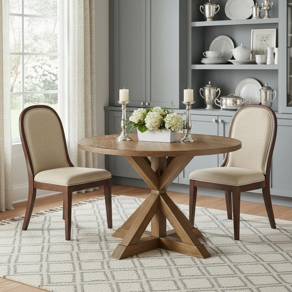 Oak Wood Cross Leg Base Round Top Dining Table - 48-inch