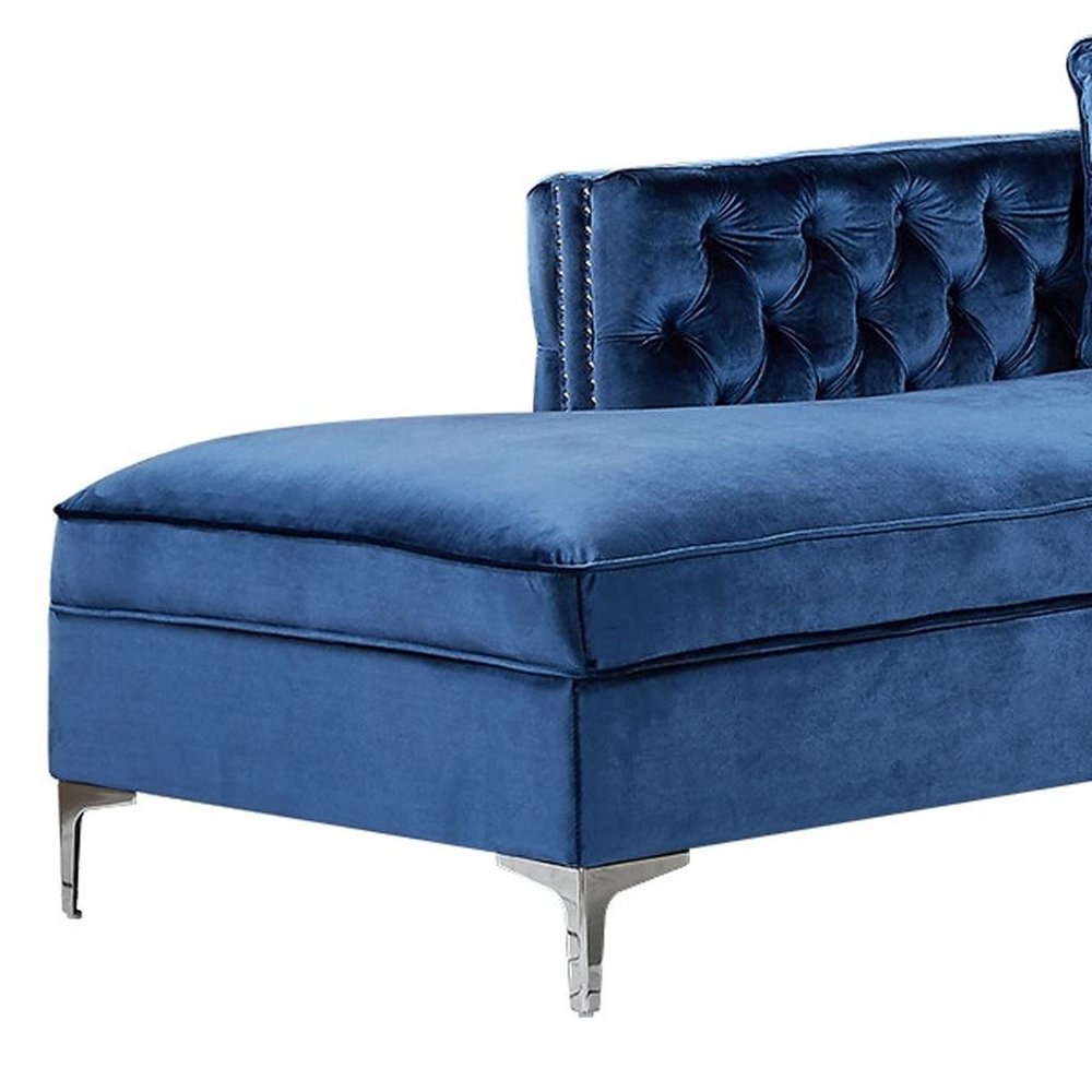 Navy Blue Velvet Rectangular Sofa and Chaise Sectional and Toss Pillows