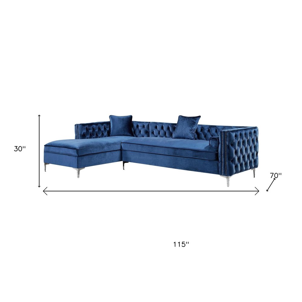 Navy Blue Velvet Rectangular Sofa and Chaise Sectional and Toss Pillows