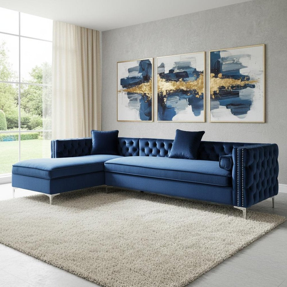 Navy Blue Velvet Rectangular Sofa and Chaise Sectional and Toss Pillows