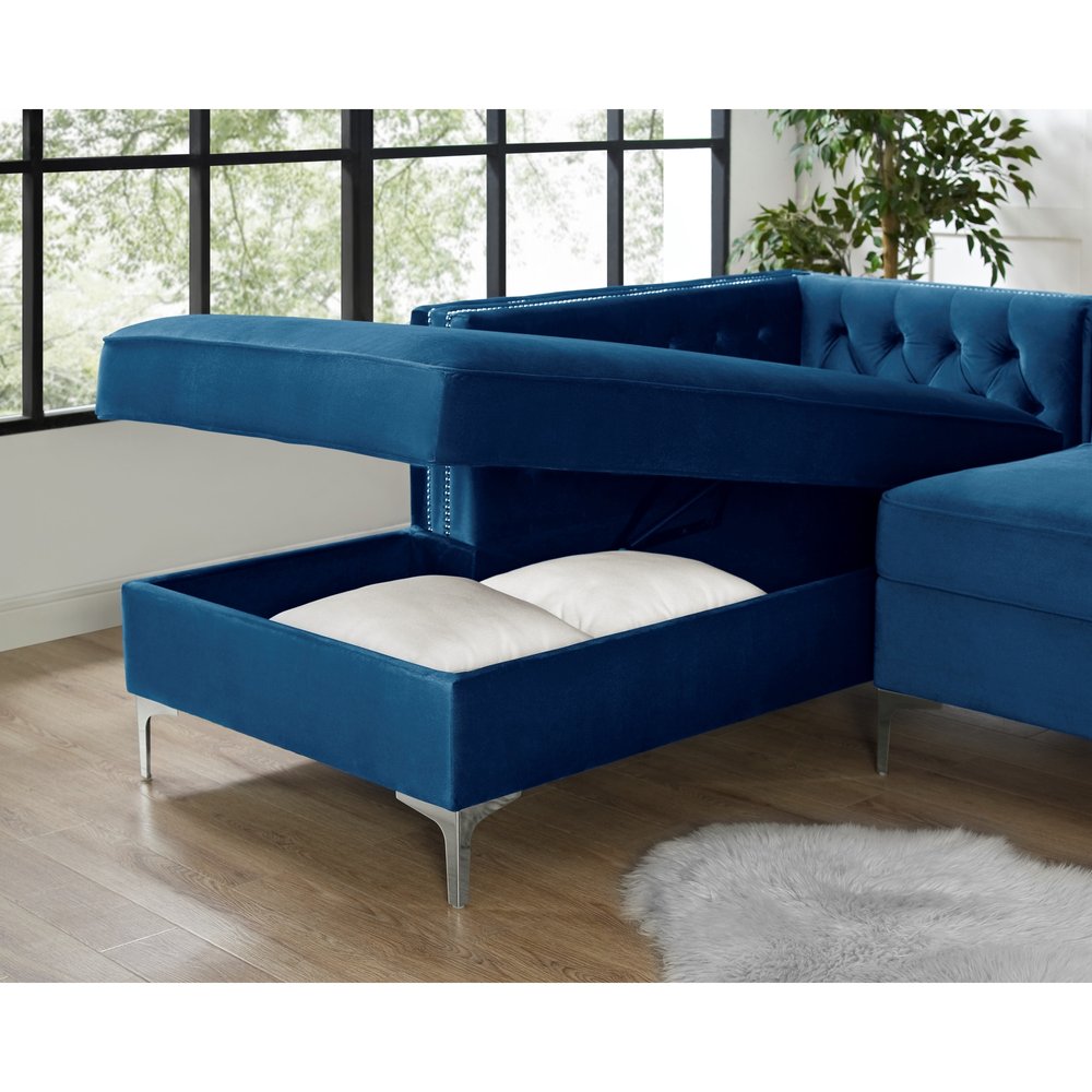 Navy Blue Velvet Rectangular Sofa and Chaise Sectional and Toss Pillows