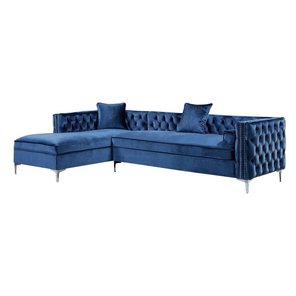 Navy Blue Velvet Rectangular Sofa and Chaise Sectional and Toss Pillows