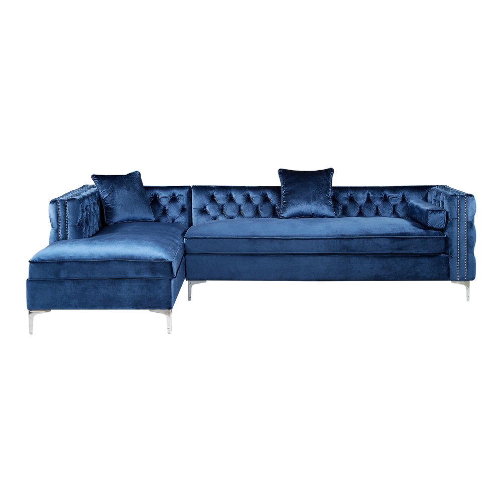 Navy Blue Velvet Rectangular Sofa and Chaise Sectional and Toss Pillows