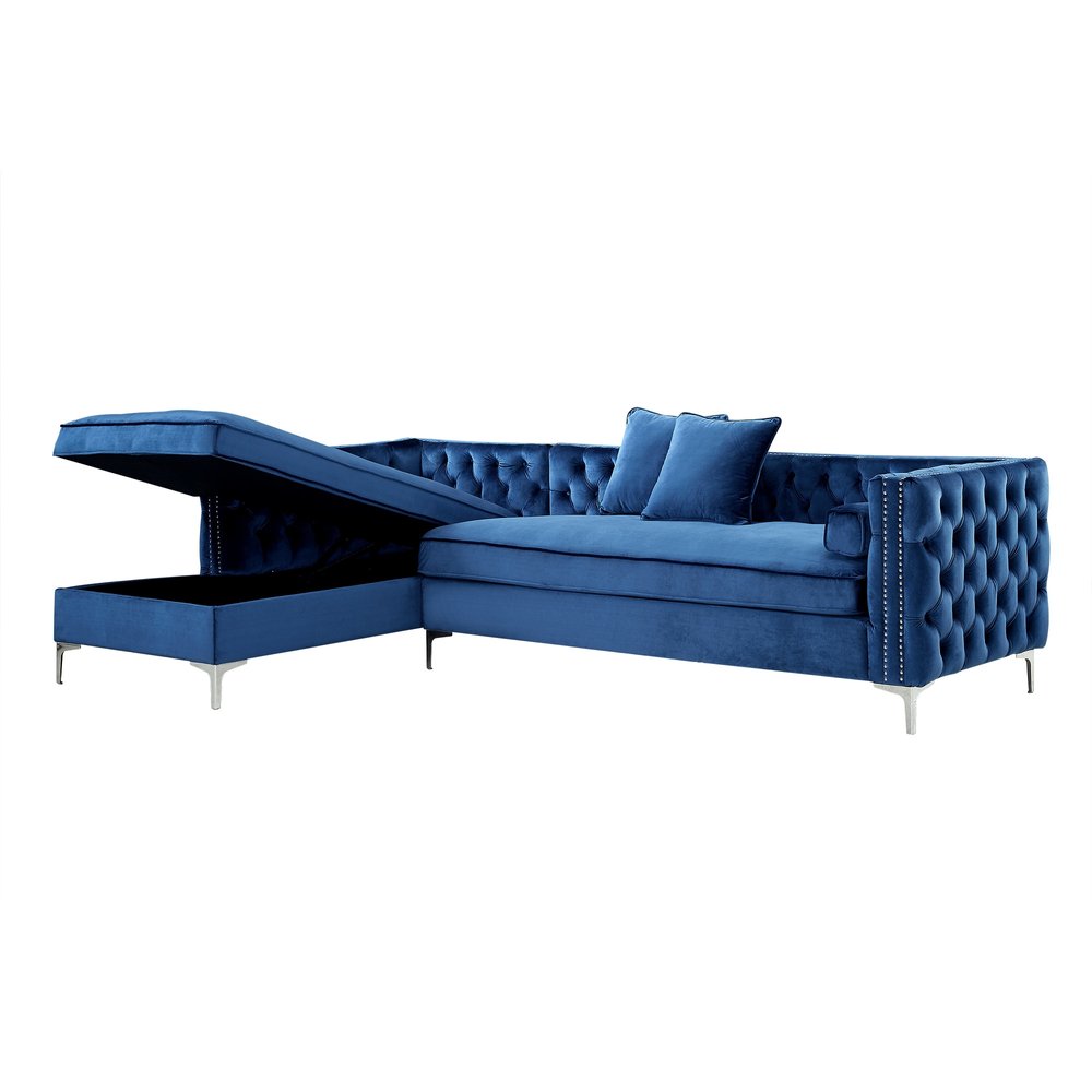 Navy Blue Velvet Rectangular Sofa and Chaise Sectional and Toss Pillows