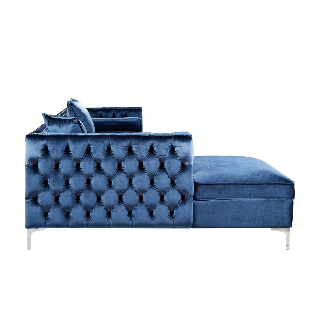 Navy Blue Velvet Rectangular Sofa and Chaise Sectional and Toss Pillows