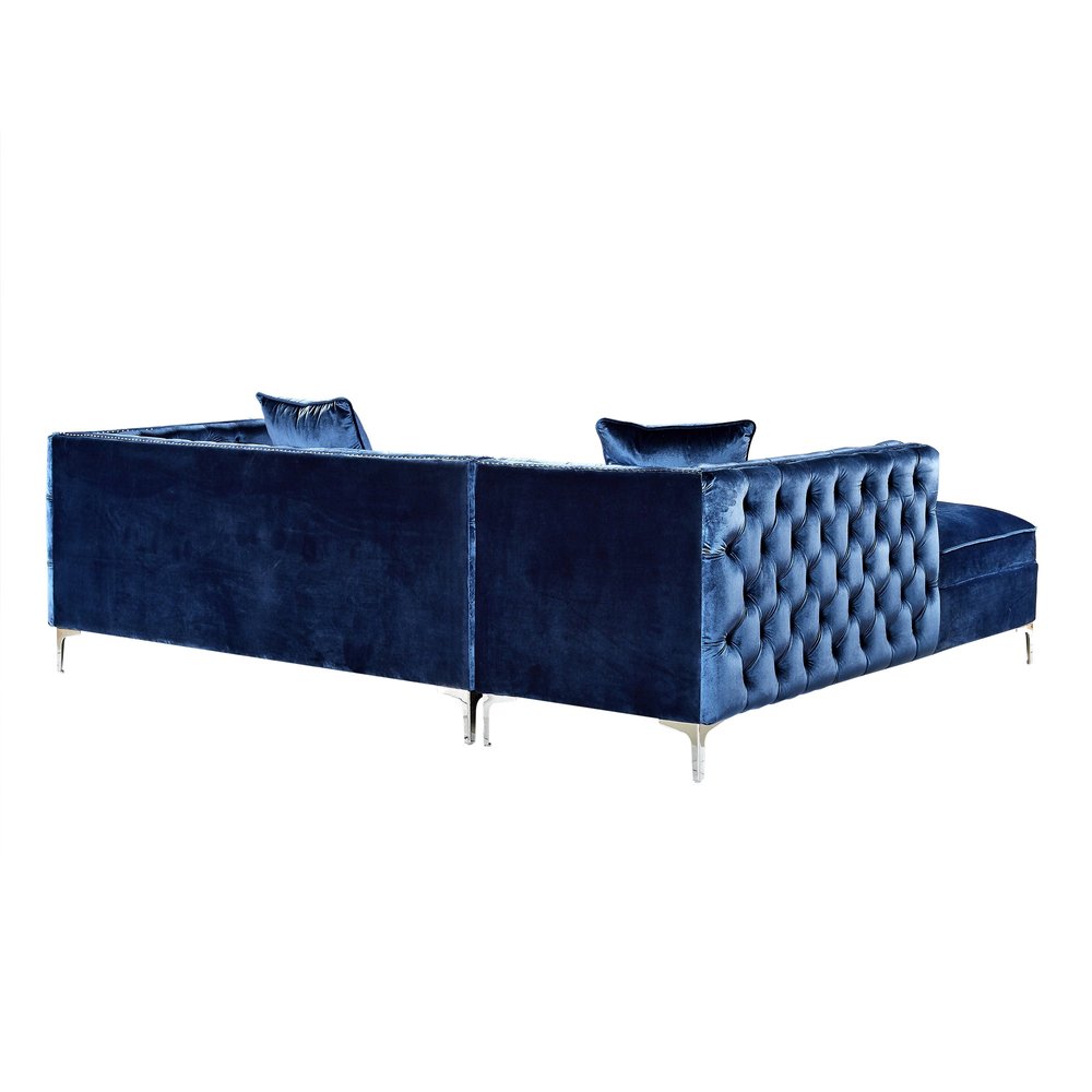 Navy Blue Velvet Rectangular Sofa and Chaise Sectional and Toss Pillows
