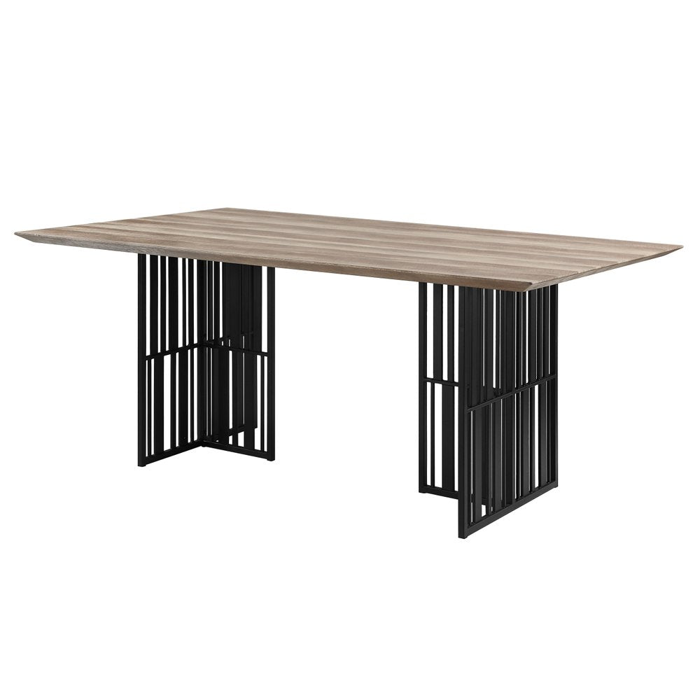 Oak and Black Wood and Iron Double Pedestal Base Dining Table - 72-inch