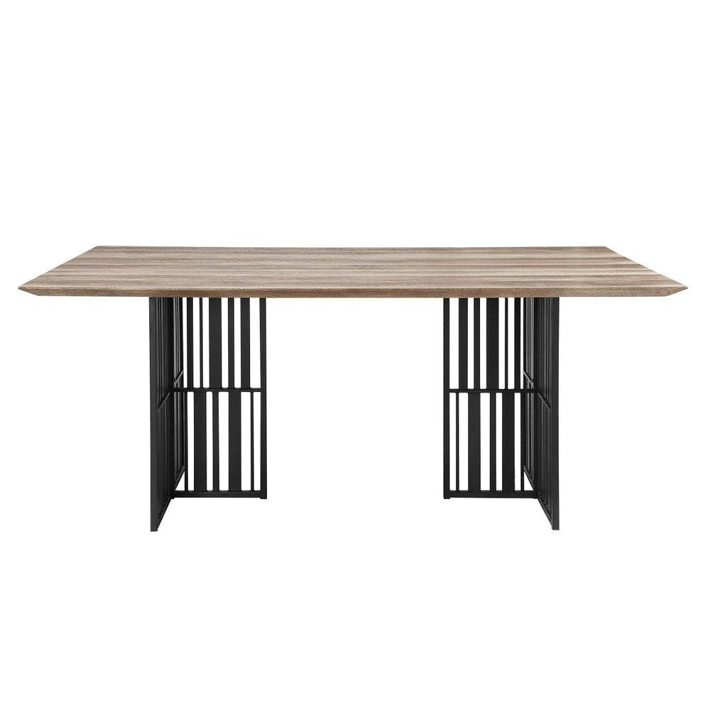 Oak and Black Wood and Iron Double Pedestal Base Dining Table - 72-inch