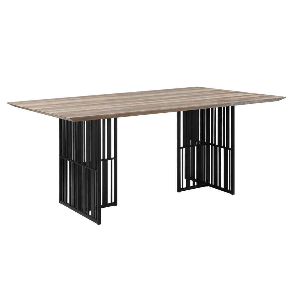 Oak and Black Wood and Iron Double Pedestal Base Dining Table - 72-inch