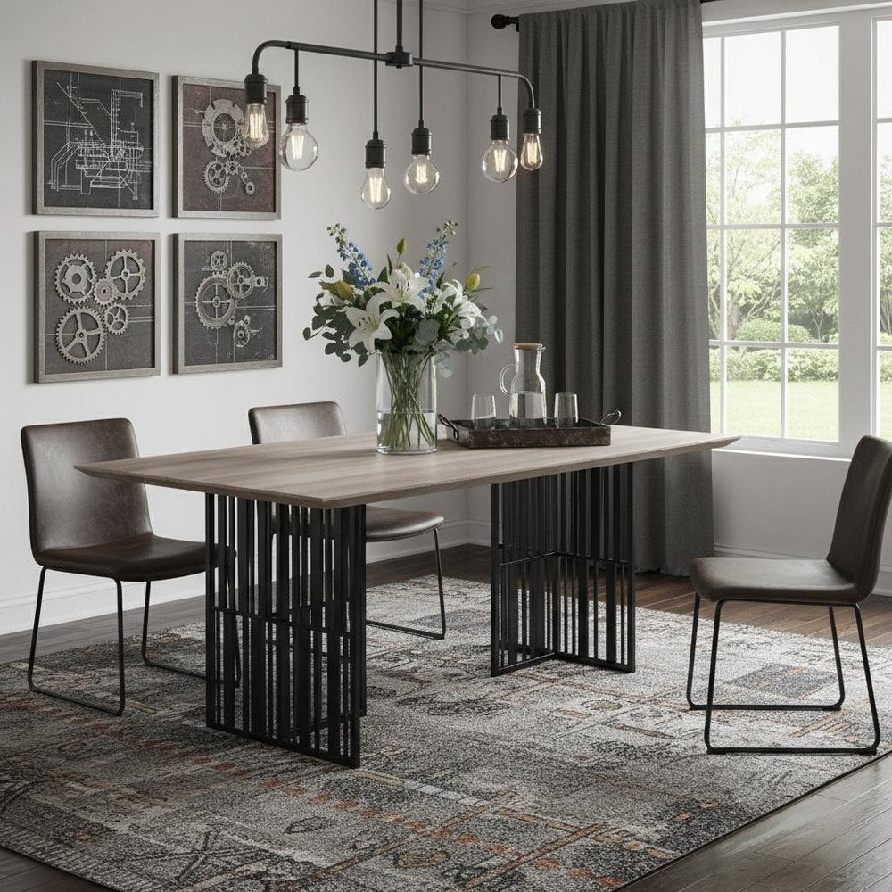 Oak and Black Wood and Iron Double Pedestal Base Dining Table - 72-inch