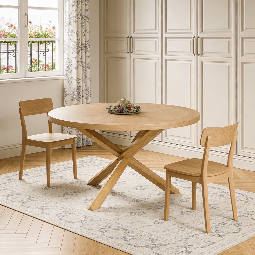 Oak Wood Cross Leg Base Round Top Dining Table - 54-inch