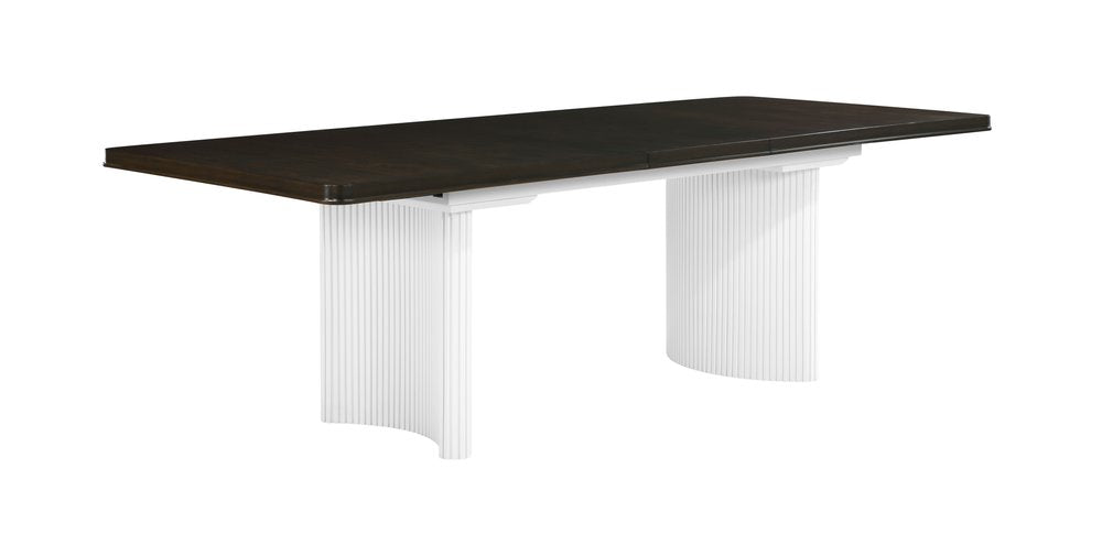Walnut and White Wood Removable Leaf Double Pedestal Base Extendable Dining Table
