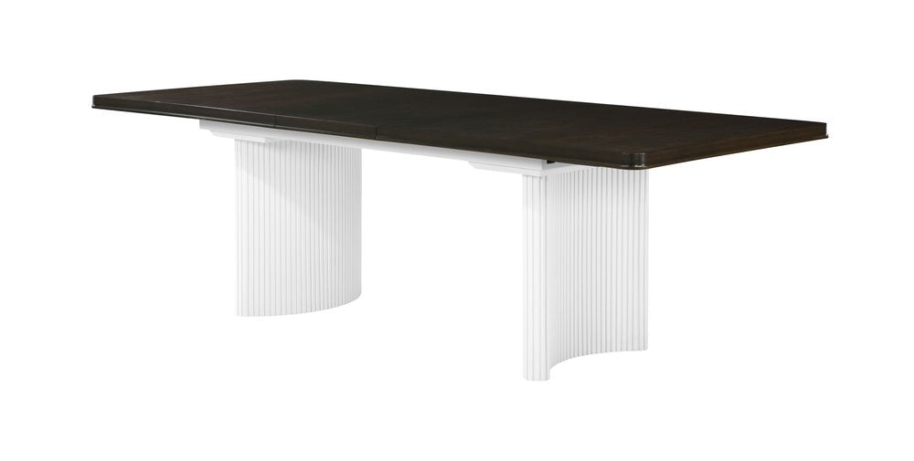 Walnut and White Wood Removable Leaf Double Pedestal Base Extendable Dining Table