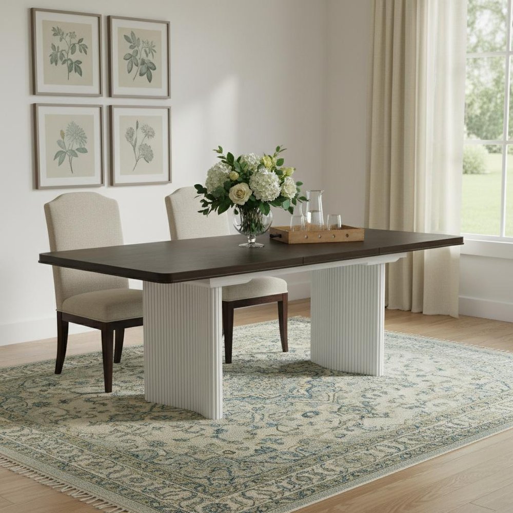 Walnut and White Wood Removable Leaf Double Pedestal Base Extendable Dining Table
