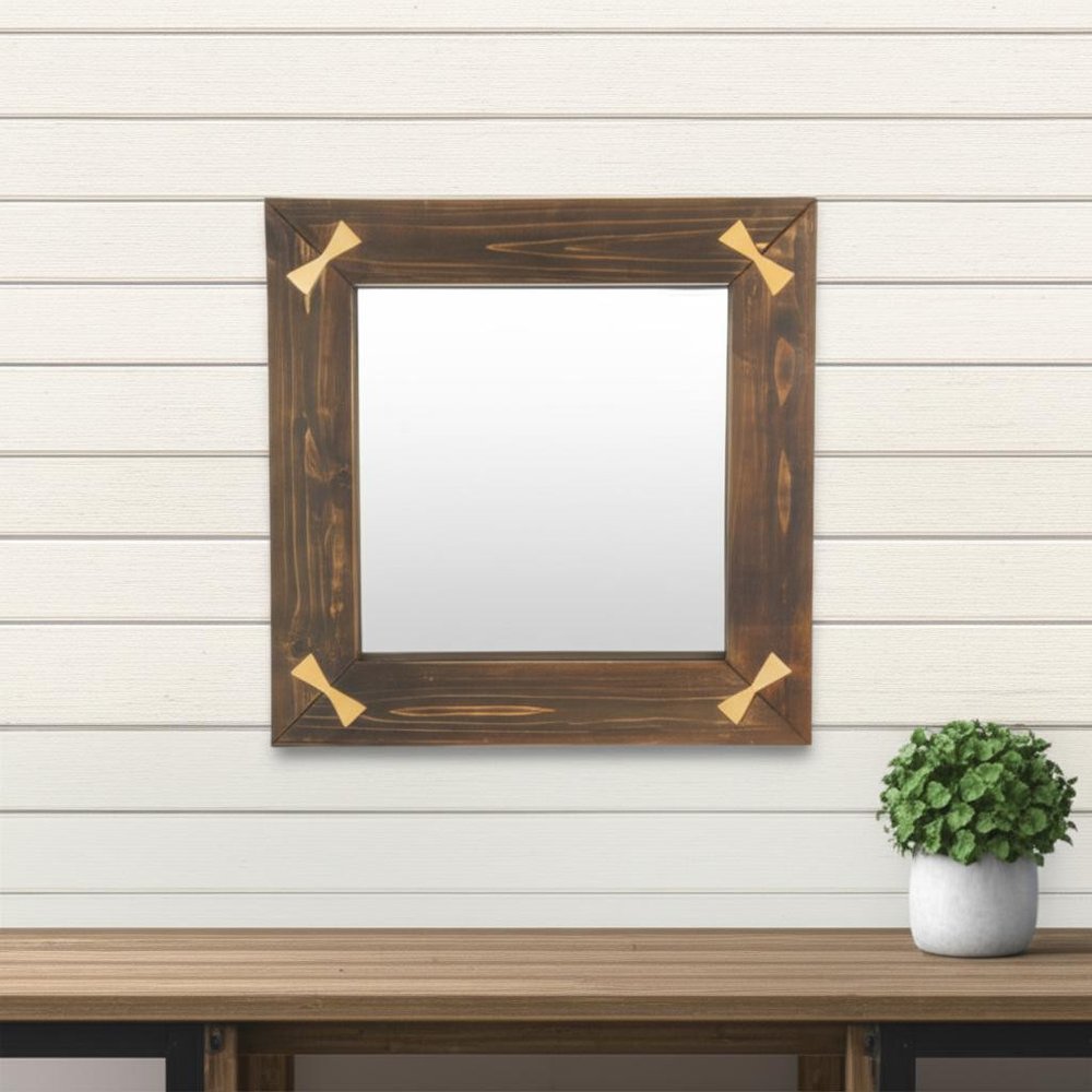 Brown Wood with Gold Bows Square Accent Mirror - 22-inch