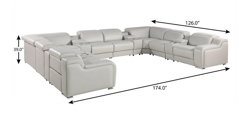 Light Gray Italian Leather Power Reclining U Shaped Twelve Piece Corner Sectional with Console