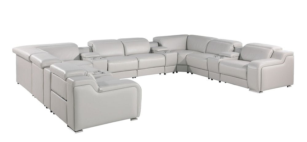 Light Gray Italian Leather Power Reclining U Shaped Twelve Piece Corner Sectional with Console