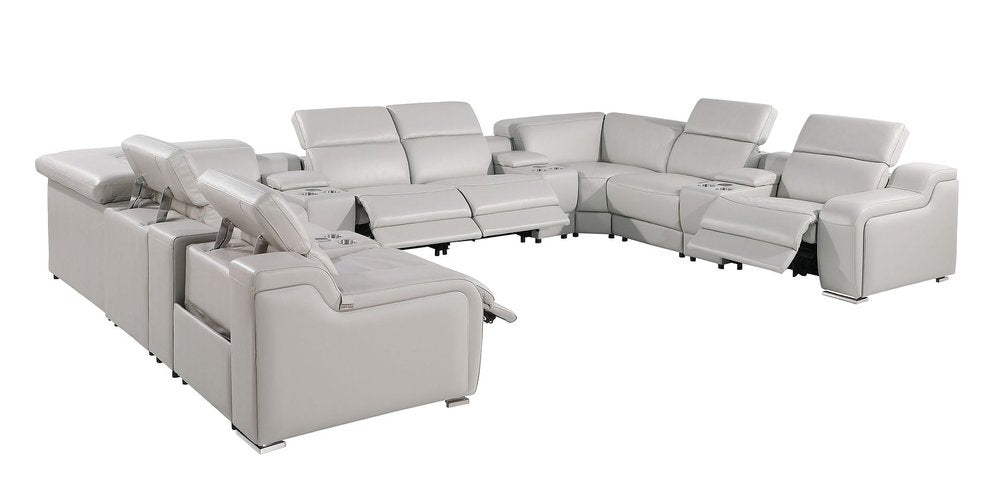 Light Gray Italian Leather Power Reclining U Shaped Twelve Piece Corner Sectional with Console