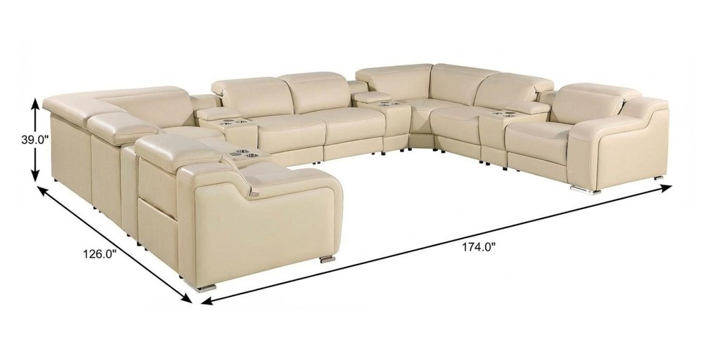 Beige Italian Leather Power Reclining U Shaped Twelve Piece Corner Sectional with Console