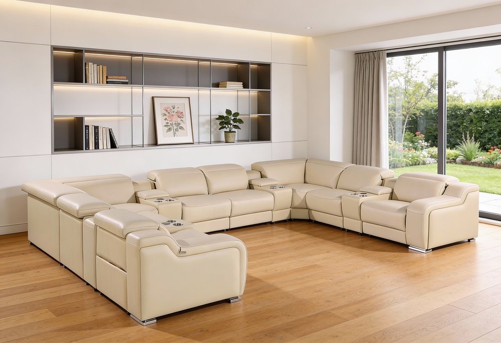 Beige Italian Leather Power Reclining U Shaped Twelve Piece Corner Sectional with Console