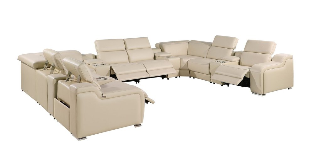 Beige Italian Leather Power Reclining U Shaped Twelve Piece Corner Sectional with Console