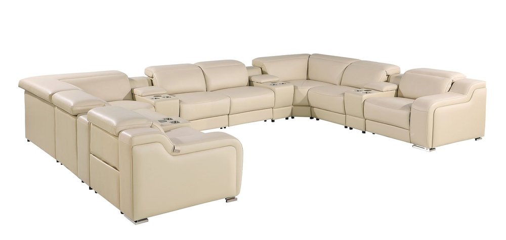 Beige Italian Leather Power Reclining U Shaped Twelve Piece Corner Sectional with Console